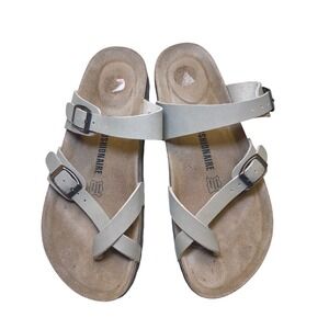 Cushionaire Women's Beige Leather Double Strap Buckle Cork Footbed Sandals 9.5